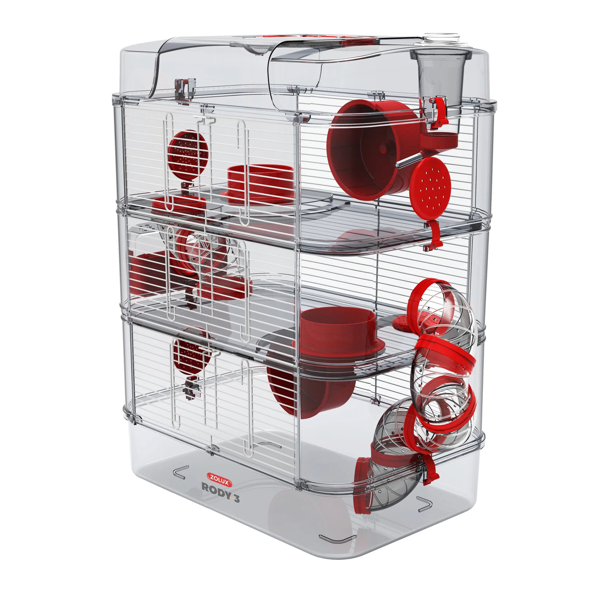 Cage Trio Rody 3 pour hamster, trois étages, rouge, 41 x 27 x 53 cm – Image 2